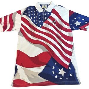 Vintage 1990s‎ Disney Mickey Mouse American Flag AOP Polo Golf Shirt Size Large